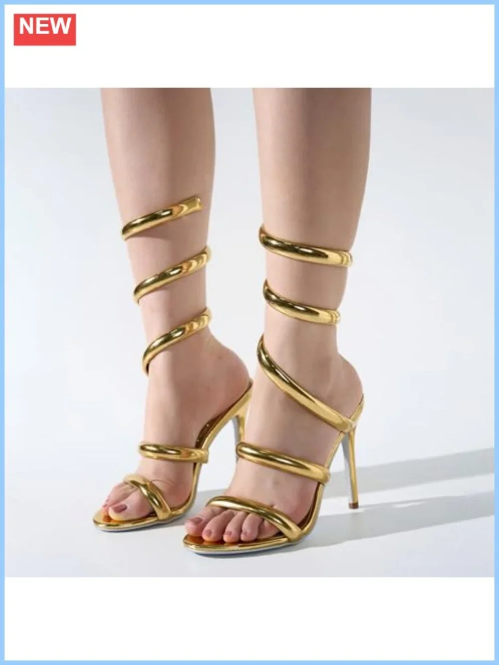 Women's Spiral Coil Ankle Wrap Heels - Patent PU Metallic Stiletto Sandals 4